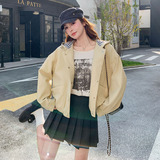 2026新款现货韩版格纹连帽拼接皮衣外套1535202P155K248，女装皮衣，艾青服饰