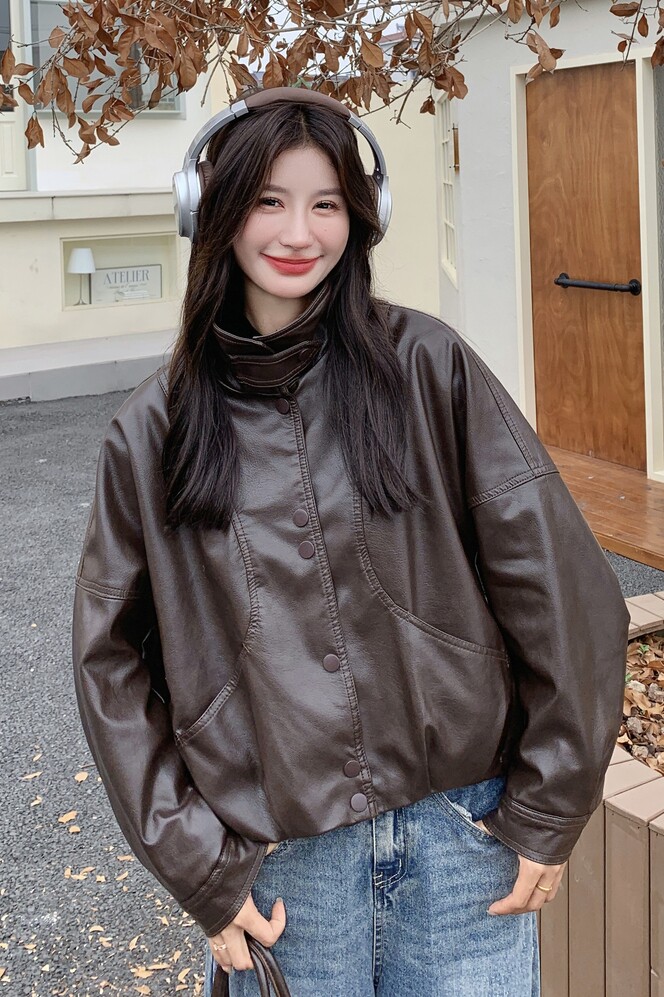 现货加绒秋冬新款宽松皮衣外套6646薄145加绒165K258,女装皮衣,艾青服饰