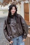 现货加绒秋冬新款宽松皮衣外套6646薄145加绒165K258，女装皮衣，艾青服饰