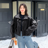 现货加绒秋冬新款宽松皮衣外套6646薄145加绒165K258，女装皮衣，艾青服饰