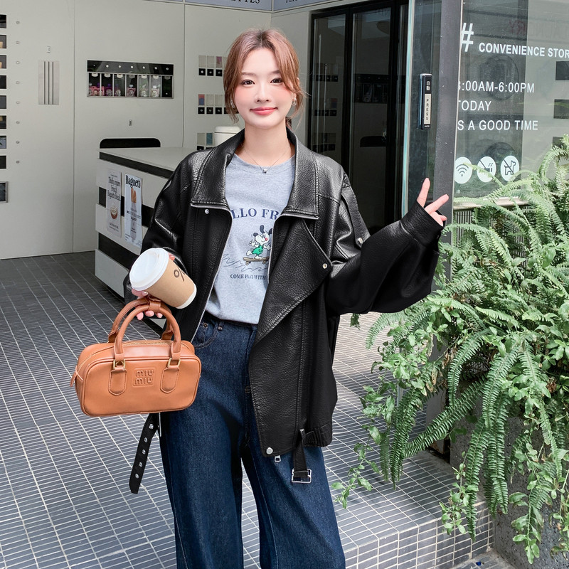 【】现货2026秋新款荔枝纹宽松皮衣外套1536605P175K258,女装皮衣,艾青服饰