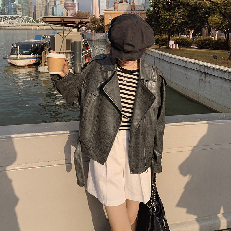 现货新款夹克衫皮衣棒球服外套女宽松PU皮A826P150控228,女装皮衣,艾青服饰