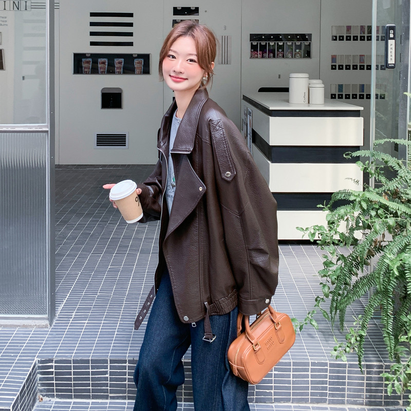 【】现货2026秋新款荔枝纹宽松皮衣外套1536605P175K258，女装皮衣，艾青服饰