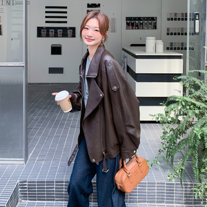 【】现货2026秋新款荔枝纹宽松皮衣外套153 6605P175K258,女装皮衣,艾青服饰