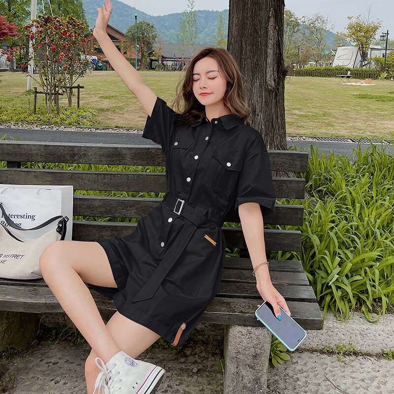 现货 21新款夏时尚短袖连身裤纯色工装连体衣短裤487 144P85控138图片