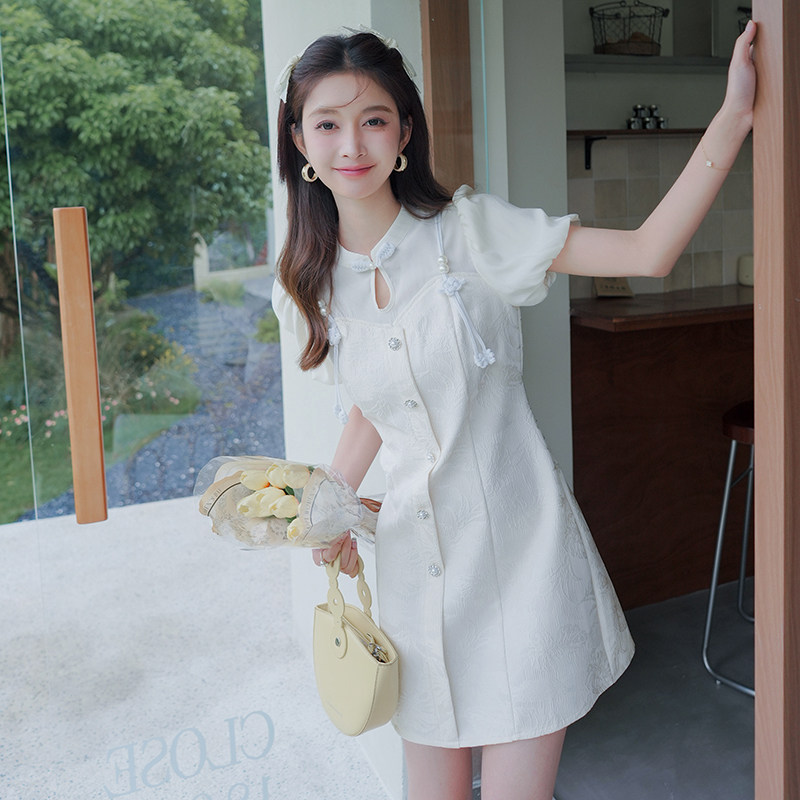 现货新中式连衣裙女夏气质高级提花轻风短裙1652965P125控168，女装连衣裙，艾青服饰