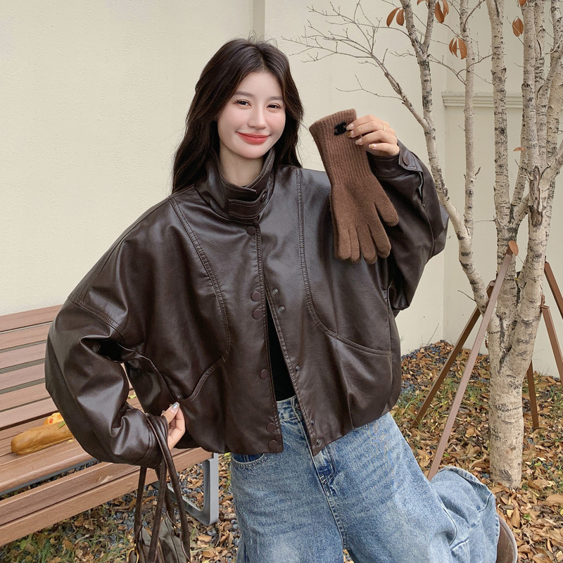 现货加绒秋冬新款宽松皮衣外套6646薄145加绒165K258,女装皮衣,艾青服饰