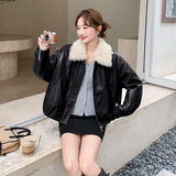 新款现货羊羔毛毛领PU皮外套加绒保暖棉服潮1536641P165K238，女装皮衣，艾青服饰