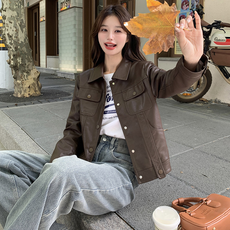 棕色美拉德皮衣外套女春秋2025新款今年流行休闲短pu皮机车夹克,女装皮衣,艾青服饰