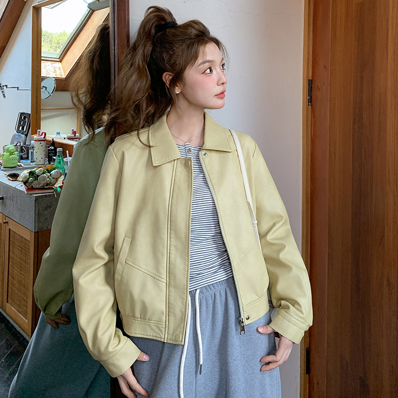港风复古黄色皮衣外套女春2025新款高级感休闲小个子PU皮夹克上衣，商品下架区商品下架区，艾青服饰