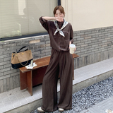 现货送丝巾仿天丝牛仔韩系棕色高腰阔腿裤两件套女6627P165K238，女装套装/套裙，艾青服饰