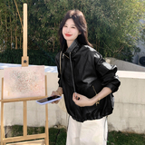 2026新款现货韩版立领抽绳宽松皮衣外套1535218P160K258，女装皮衣，艾青服饰