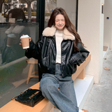 现货加绒秋冬新款宽松皮衣外套6651加绒加毛领175K278，女装皮衣，艾青服饰