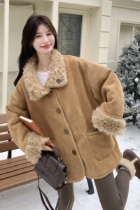 两穿皮毛一体羊羔毛机车服秋冬麂皮毛毛外套女153 6645P205K328图片