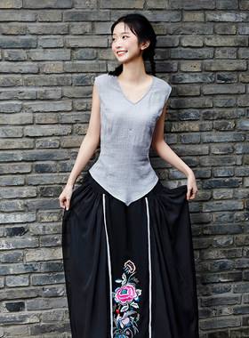 此岸歌声*原创设计店-浅灰色肌理麻小背心  旧时风
