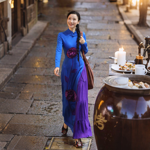 此岸歌声*原创设计店-紫蓝拼色绣花旗袍裙  绛罗高卷（看清描述）