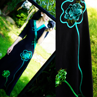 此岸歌声*原创设计店-黑绿拼色立体绣花改良半汉服  一寸小暑