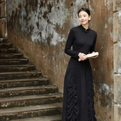 下摆抽绉改良旗袍裙 黑色春秋款 慢行巴黎 原创设计店 此岸歌声