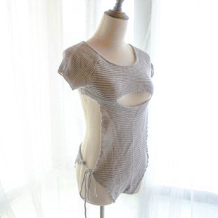 露背毛衣团子女一字横开胸处男杀手连体系带连接低领性感工口毛衣