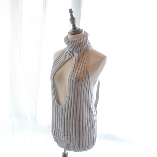 露背毛衣团子女一字竖开胸处男杀手连体系带连接高领性感工口毛衣