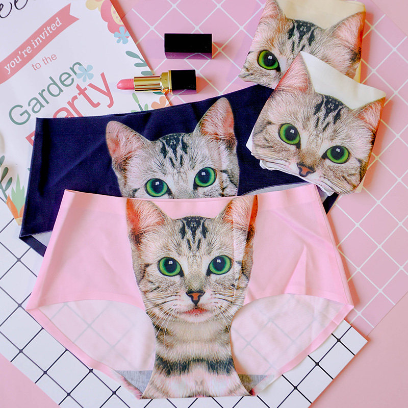胖次女猫咪防走光内裤喵星人无痕中腰冰丝小猫咪头卡通三角裤内裤
