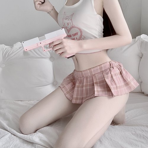 性感格子裙超短裙聚酯纤维jk粉色
