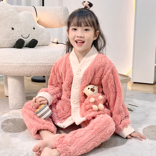 加绒加厚儿童睡衣套装春秋季新款女家居服珊瑚绒男童女童两件套