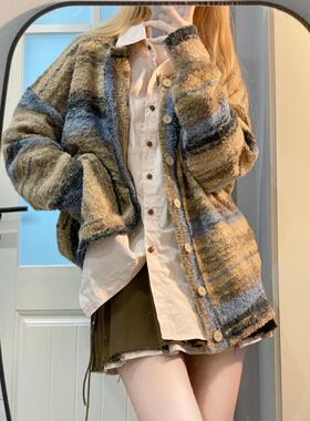 Ruibbi民族风条纹毛衣开衫复古衬衫内搭长袖女小众秋冬外套