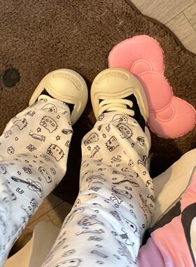 Ruibbit原创设计暗黑kitty印花长裤黑白色休闲女喇叭修身裤