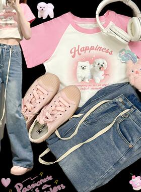 Ruibbit晕染小狗原创印花t恤黑粉色紧身短款上衣短袖辣妹插肩袖棉