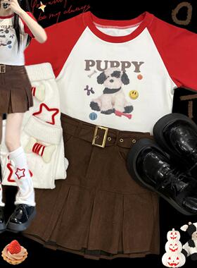 Ruibbit原创玩偶小狗印花多巴胺穿搭红色拼接t恤短袖女y2k插肩袖