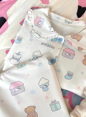 Ruibbit原创雪屋小猫睡衣花边娃娃领春夏长短袖套装家居服女可爱