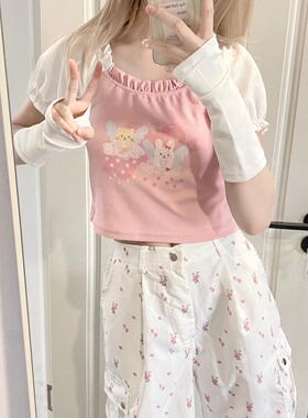 Ruibbit原创粉色小兔印花可爱少女泡泡袖短款t恤女上衣短袖送袖套