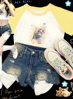 Ruibbit原创星星小猫印花拼接t恤短袖女y2k插肩袖黄色多巴胺短款