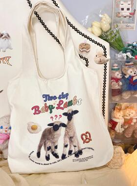 Ruibbit原创设计复古小羊动物印花帆布包米色单肩可爱少女大容量