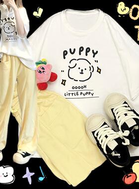 Ruibbit原创puppy小狗印花白色短袖宽松t恤女夏休闲圆领日系纯棉