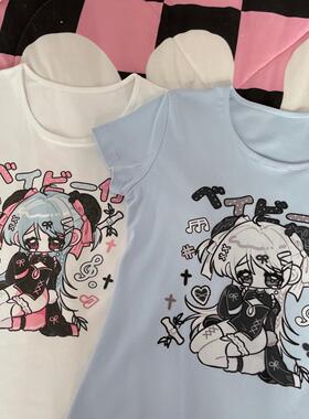 Ruibbit原创中华风印花短袖t恤夏正肩大领口纯棉女亚文化日系卡通