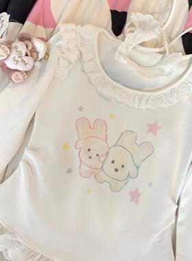 Ruibbit原创纯白物语蕾丝白色长袖恤春秋圆领收腰r印花女亚文化