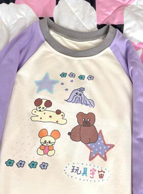 Ruibbit原创设计紫色玩偶复古昭和感女卫衣印花y2k亚文化女插肩袖