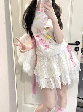 Ruibbit原创星星骨头印花粉色吊带背心夏上衣少女抽绳辣妹亚文化