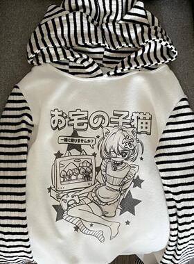 Ruibbit原创条纹猫耳拼接长袖恤春秋连帽印花女亚文化小众上衣宅