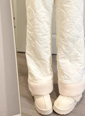 Ruibbit一条过冬 加绒白色长裤日系女休闲直筒秋冬宽松摇粒绒保暖
