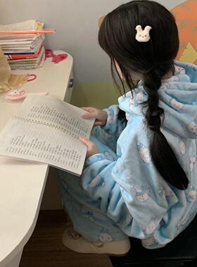 Ruibbit原创蓝色雪人印花睡衣法兰绒秋冬长袖连帽套装家居服女ins