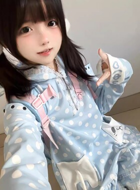Ruibbit原创猫耳波点颜文字印花连帽卫衣连衣裙女宅萌亚文化可爱