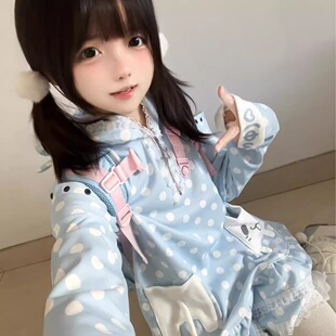 Ruibbit原创猫耳波点颜文字印花连帽卫衣连衣裙女宅萌亚文化可爱