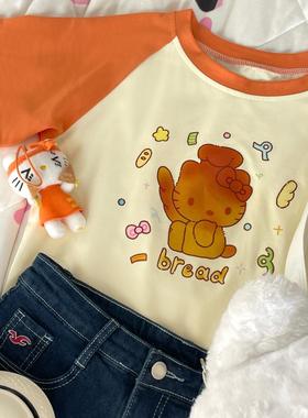 Ruibbit原创烤糊kitty印花橙色拼接t恤短袖撞色少女y2k插肩袖夏日