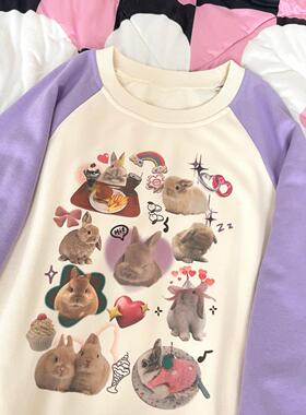Ruibbit原创设计昭和兔子卫衣印花女y2k亚文化复古休闲插肩袖紫色