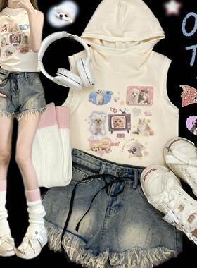 Ruibbit原创连帽背心动物上衣无袖印花t恤复古多巴胺y2k女亚文化