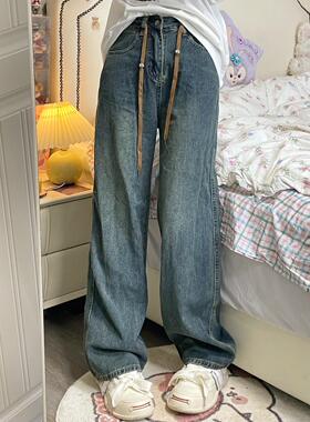 Ruibbit抽绳牛仔裤水洗蓝色宽松直筒显瘦女复古秋冬休闲美式阔腿