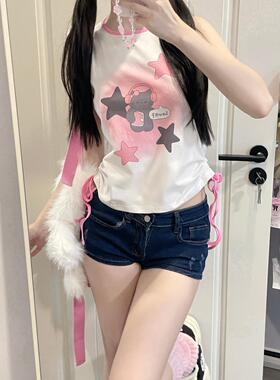 Ruibbit原创黑粉色猫咪印花吊带背心夏上衣少女抽绳辣妹亚文化